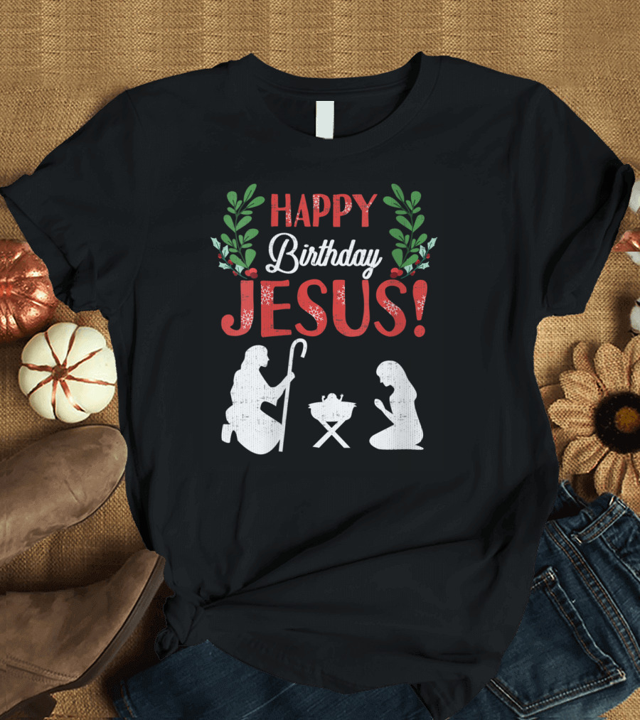 Happy Birthday Jesus Christmas Manger Silhouette Shepherd and Mary with Holly Decoration T-Shirt
