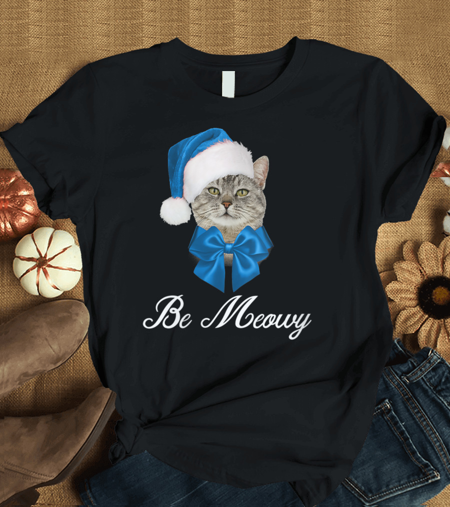 Be Meowy Merry Christmas Santa Cat with Blue Hat and Bow T-Shirt