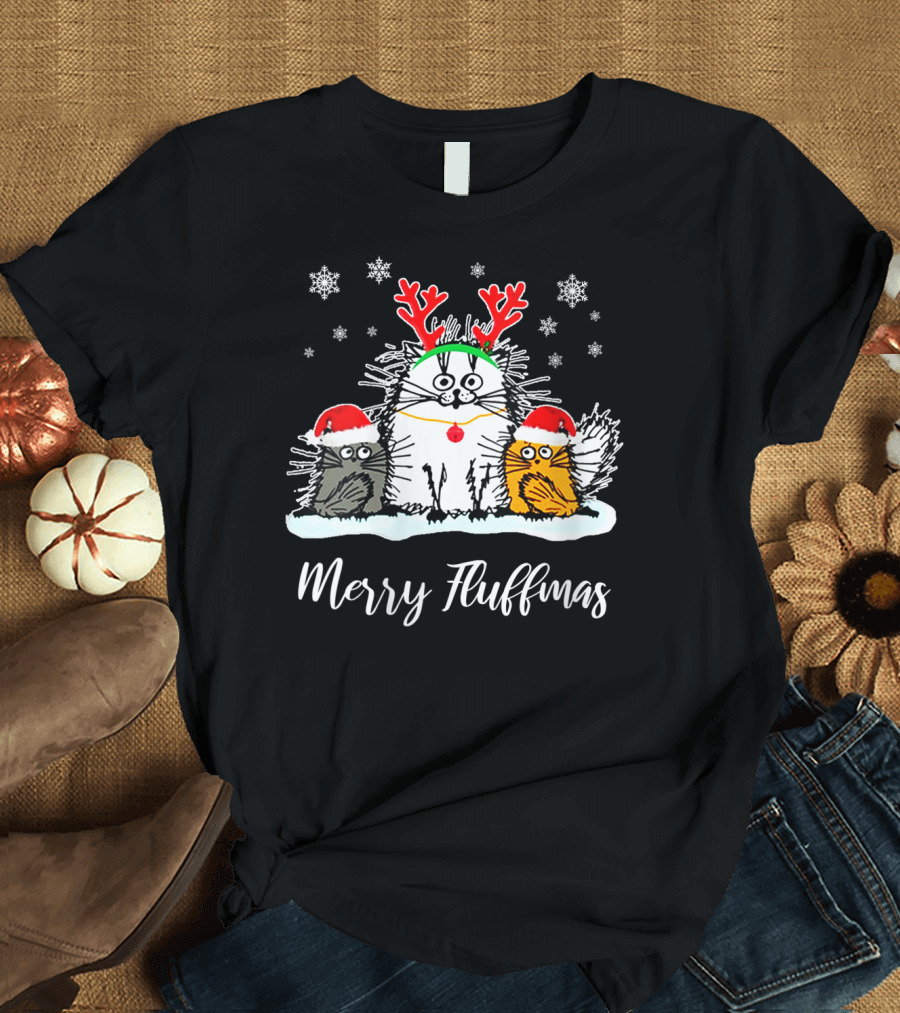 Merry Fluffmas Funny Christmas Cat With Santa Hats and Reindeer Antlers Snowflakes T-Shirt