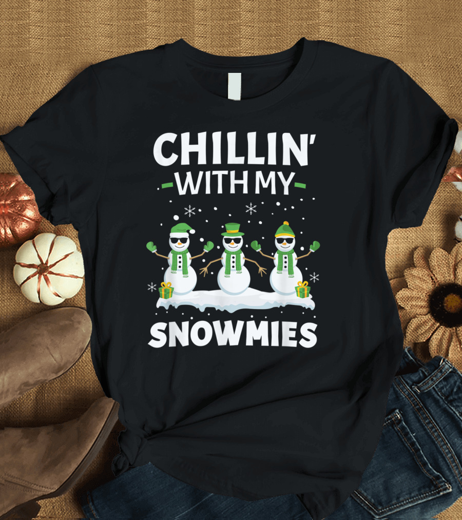 Chillin With My Snowmies Snowman Trio with Gifts and Snowflakes T-Shirt