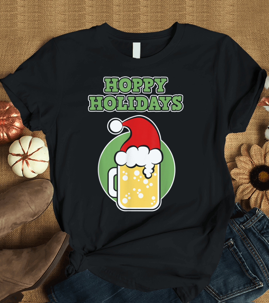 Hoppy Holidays Christmas Beer Santa Hat Cheer T-Shirt
