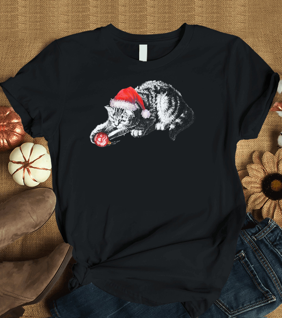 Santa Cat Playing with Christmas Ornament Kitten T-Shirt