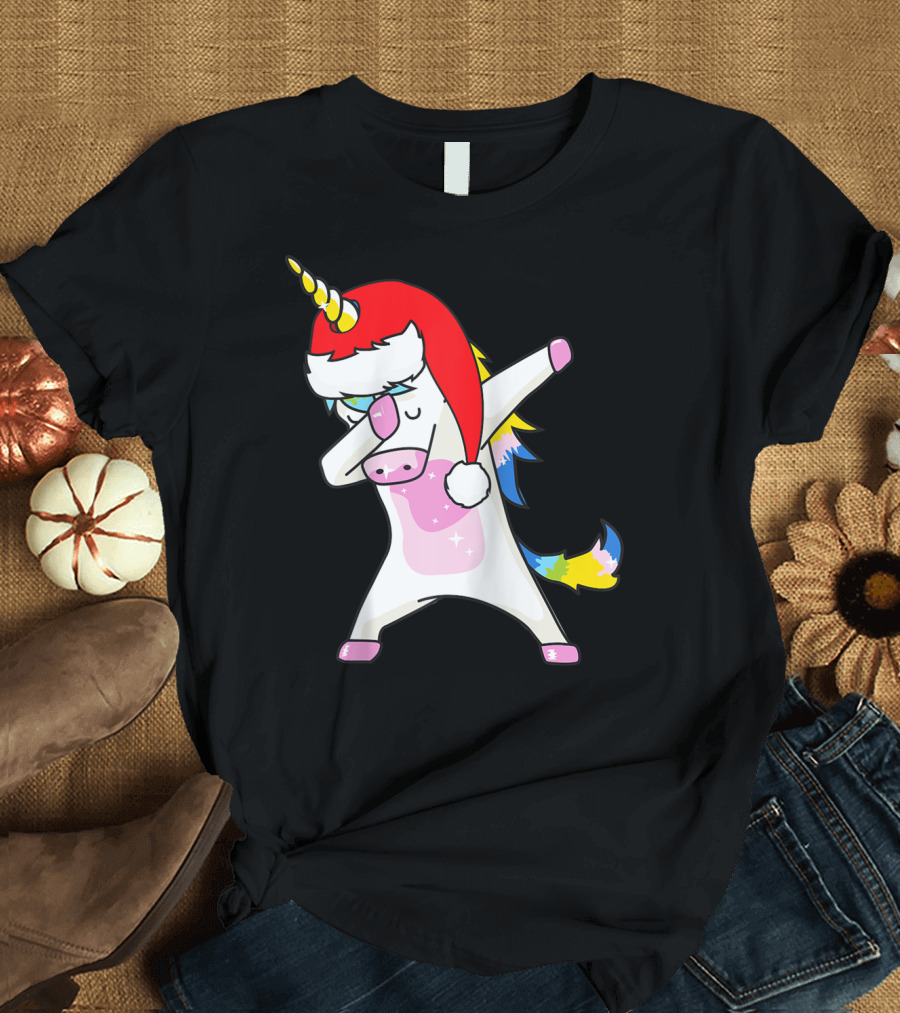 Dabbing Unicorn Santa Hat Christmas Rainbow T-Shirt