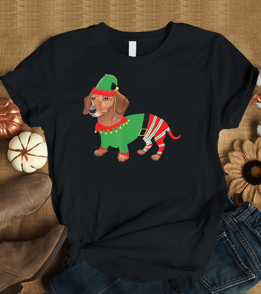 Dachshund in Elf Costume with Festive Red and Green Attire T-Shirt