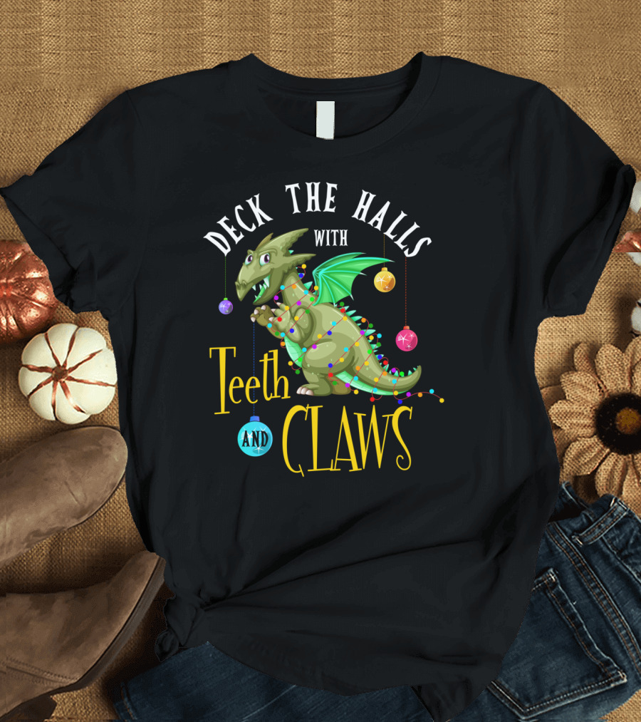 Deck The Halls With Teeth And Claws Dinosaur Holiday Lights T-Shirt
