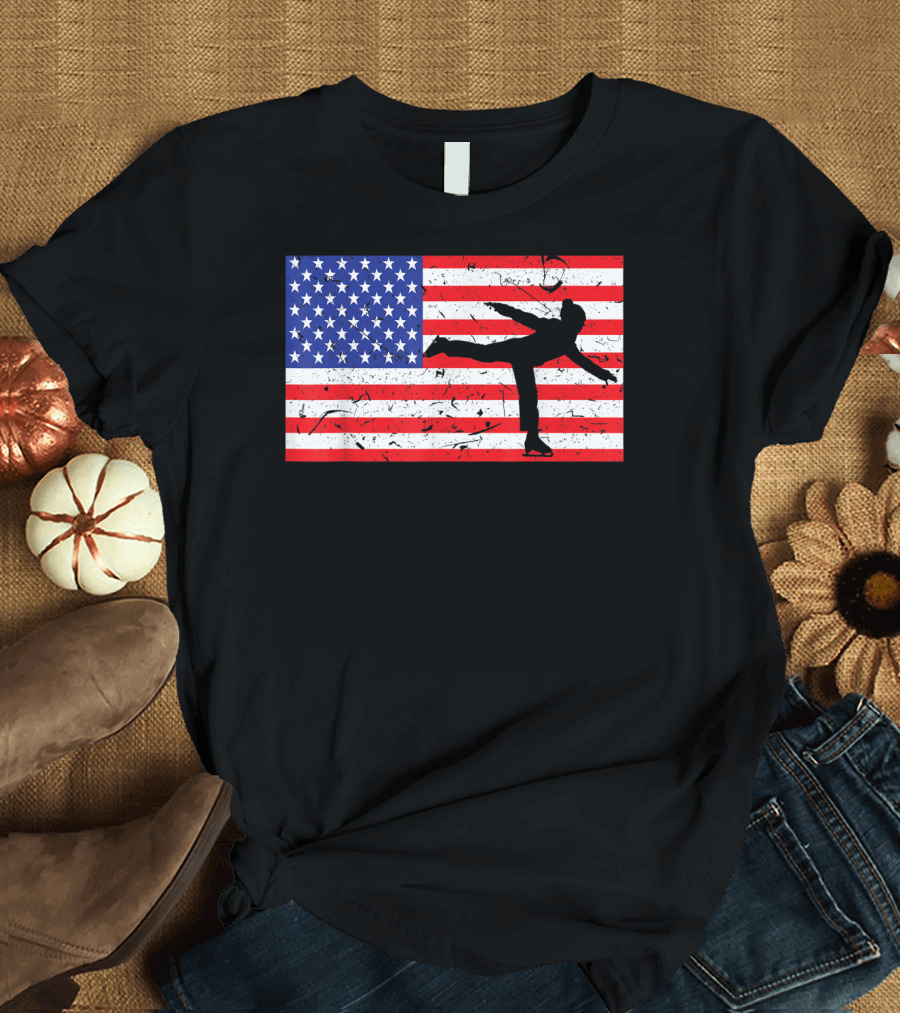 Distressed American Flag Ice Skating Silhouette USA T-Shirt