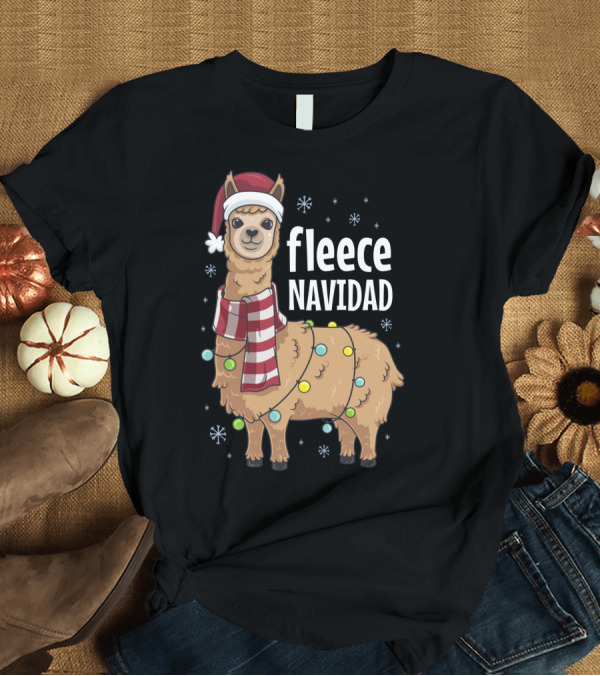 T-Shirt: Fleece Navidad Funny Cute Llama Santa Hat Christmas Lights Snowflakes T-Shirt Fleece Navidad Funny Cute Llama Santa Hat Christmas Lights Snowflakes T-Shirt