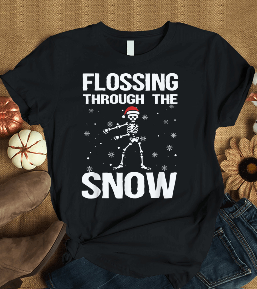 Flossing Through the Snow Skeleton Santa Hat T-Shirt