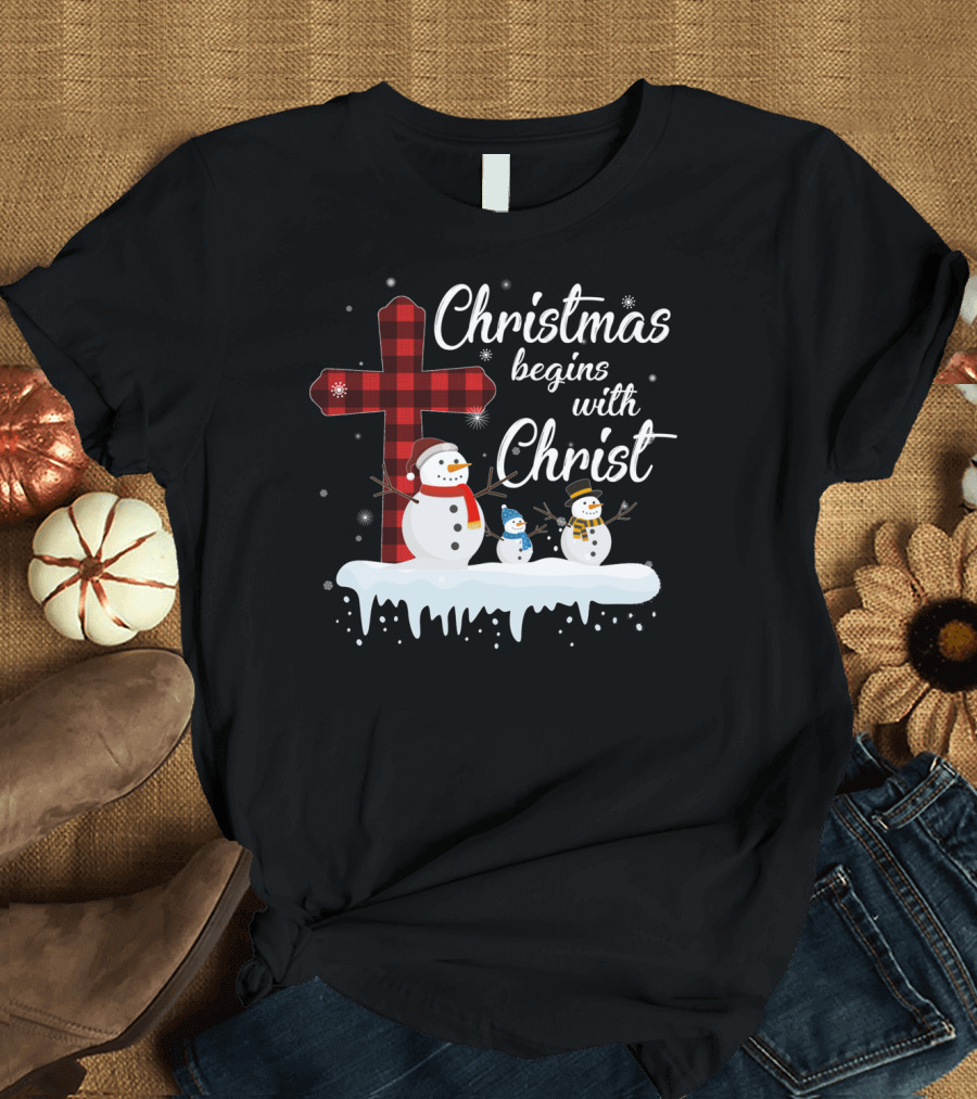 Christmas Begins with Christ Snowman Family Plaid Cross T-Shirt