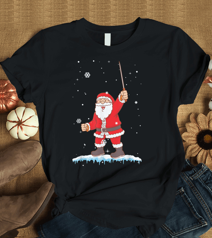 Funny Santa Claus with Sword in Snowflakes T-Shirt
