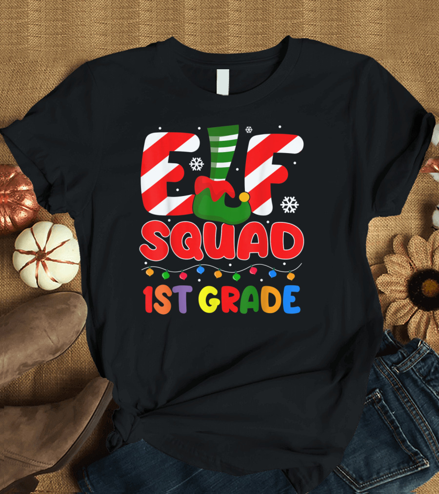 Elf Squad 1st Grade Funny Holiday Lights Snowflakes T-Shirt