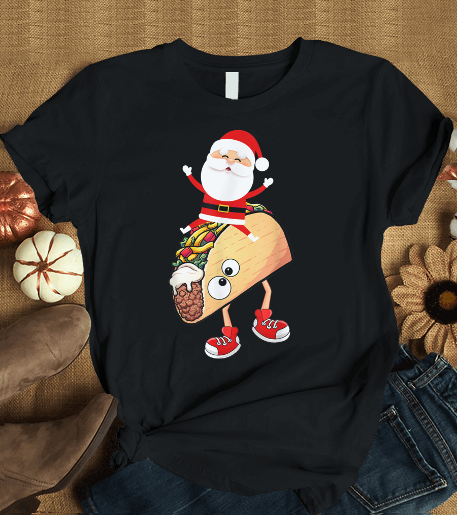 Funny Santa Riding Crazy Taco with Legs T-Shirt