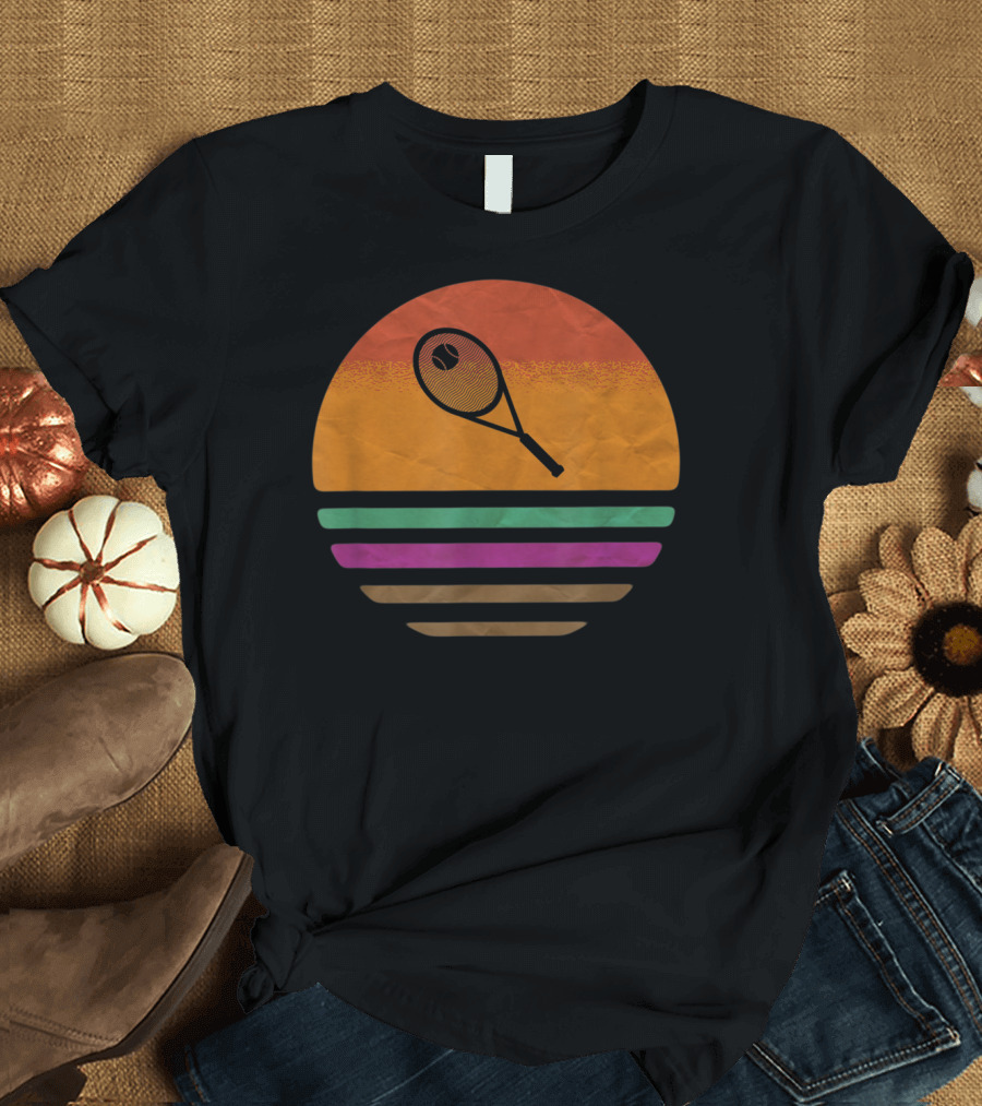 Vintage Tennis Ball And Racket Retro Sunset T-Shirt