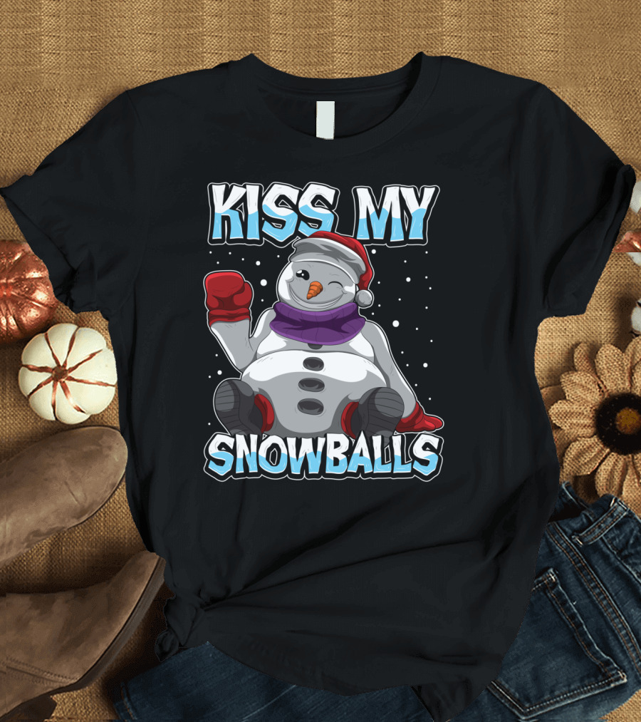 Kiss My Snowballs Funny Xmas Pun Christmas Snowman with Santa Hat and Purple Scarf T-Shirt