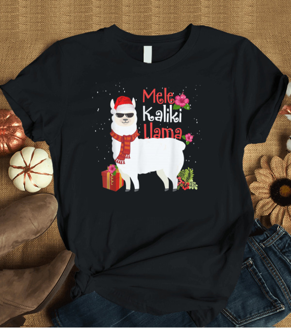T-Shirt: Mele Kaliki Llama Christmas Hawaiian Santa Llama with Gift and Flowers T-Shirt Mele Kaliki Llama Christmas Hawaiian Santa Llama with Gift and Flowers T-Shirt
