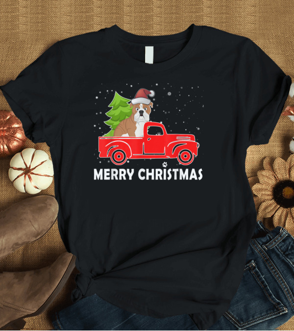T-Shirt: Merry Christmas Cute Bulldog Santa Hat Red Truck Tree Snowflakes T-Shirt Merry Christmas Cute Bulldog Santa Hat Red Truck Tree Snowflakes T-Shirt