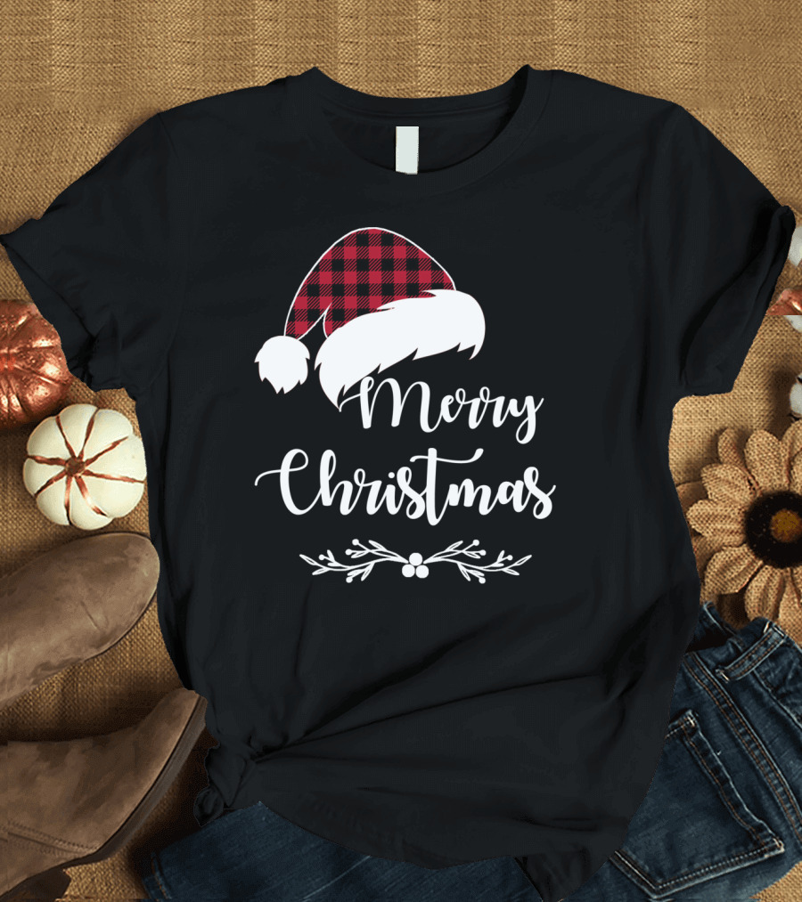 Merry Christmas Red Plaid Santa Hat with Holly Border T-Shirt