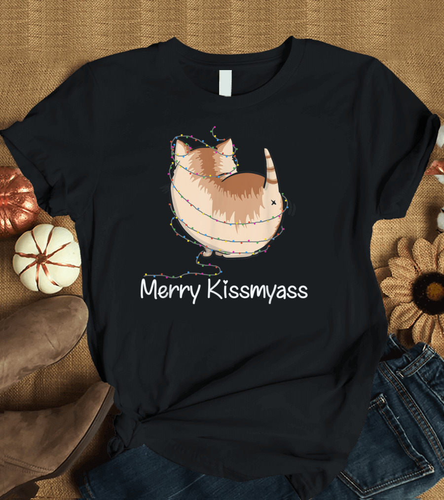 Merry Kissmyass Christmas Cat with Lights Santa Hat T-Shirt