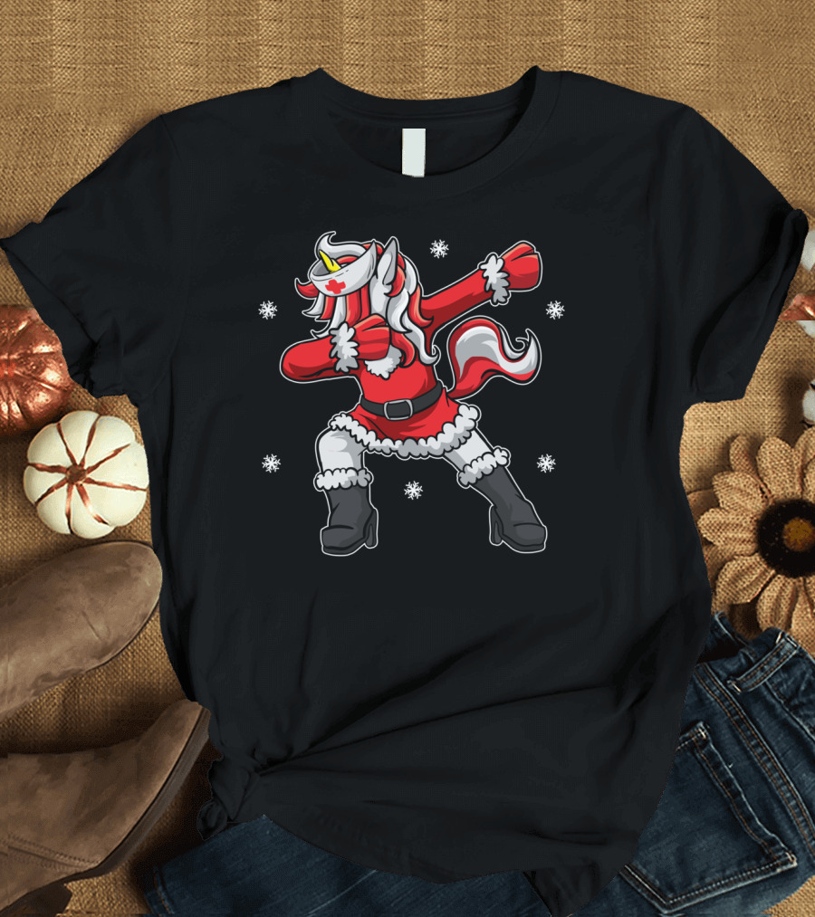 Nurse Elf Dabbing Unicorn RN Hat Santa Outfit Snowflakes T-Shirt