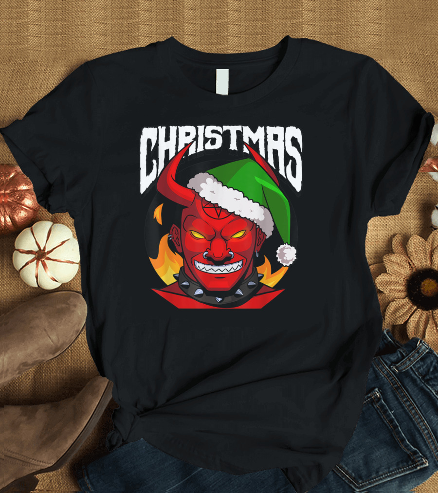 Christmas Santa Evil Satan Demon Flame Horns Hat T-Shirt