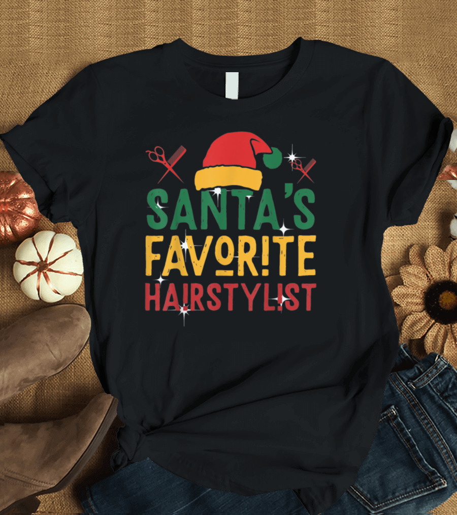 Santa's Favorite Hairstylist Hat Scissors Christmas T-Shirt
