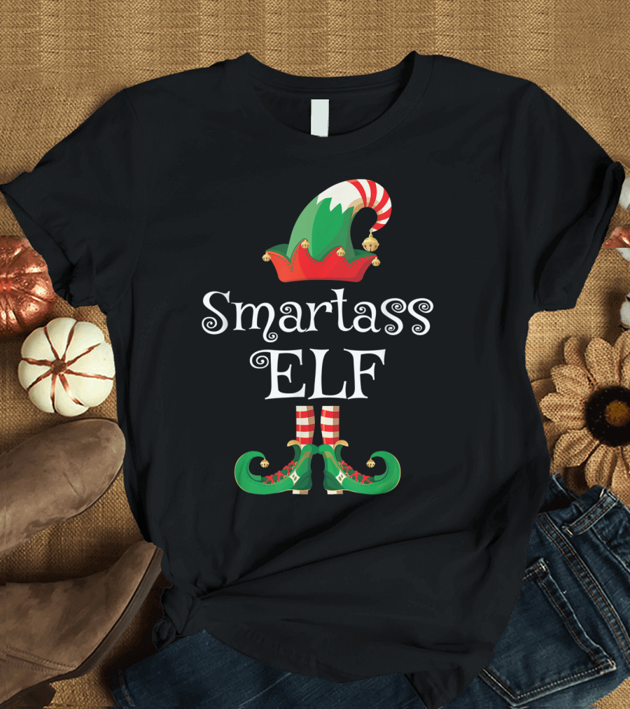 Smartass Elf Green Red Jingle Hat and Shoes with Striped Socks T-Shirt