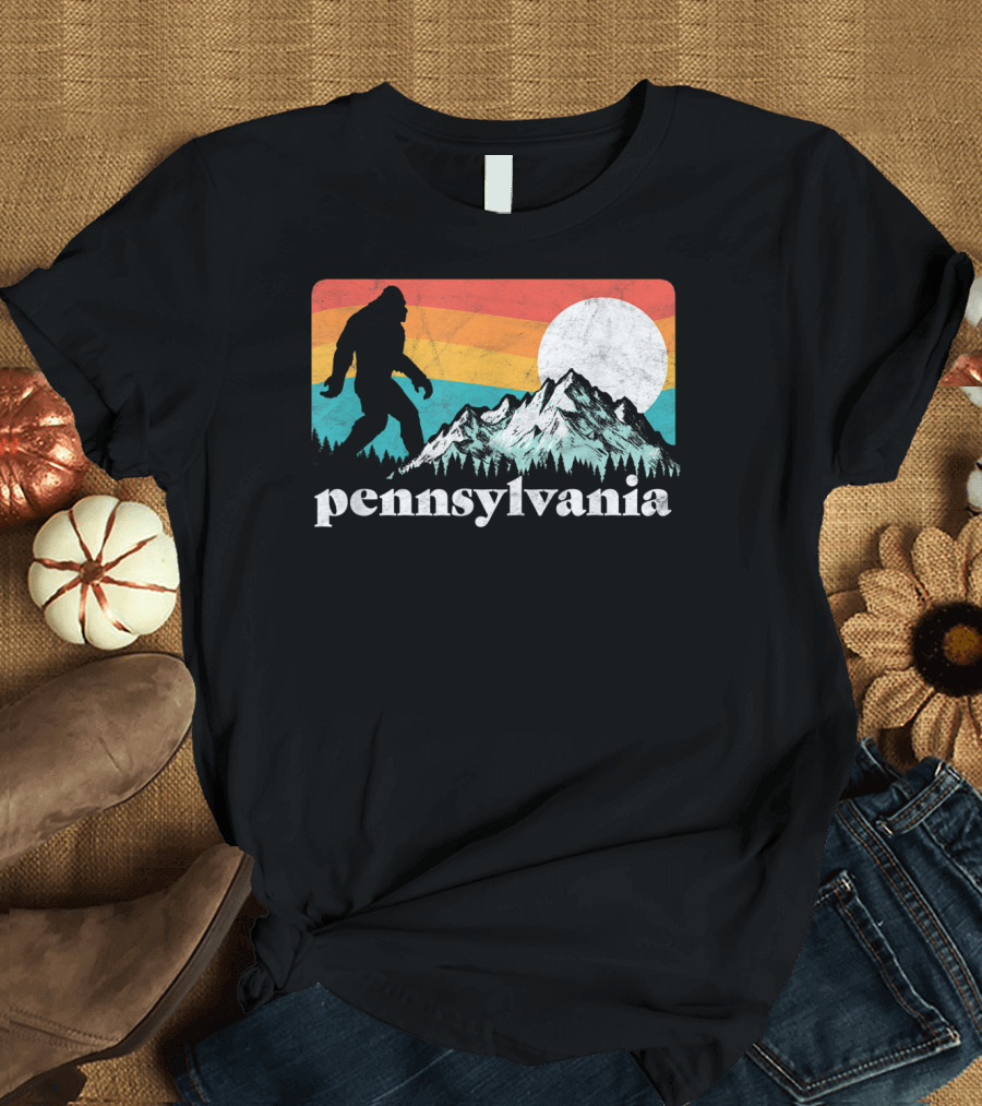 Pennsylvania Bigfoot Mountains Retro Sunset T-Shirt