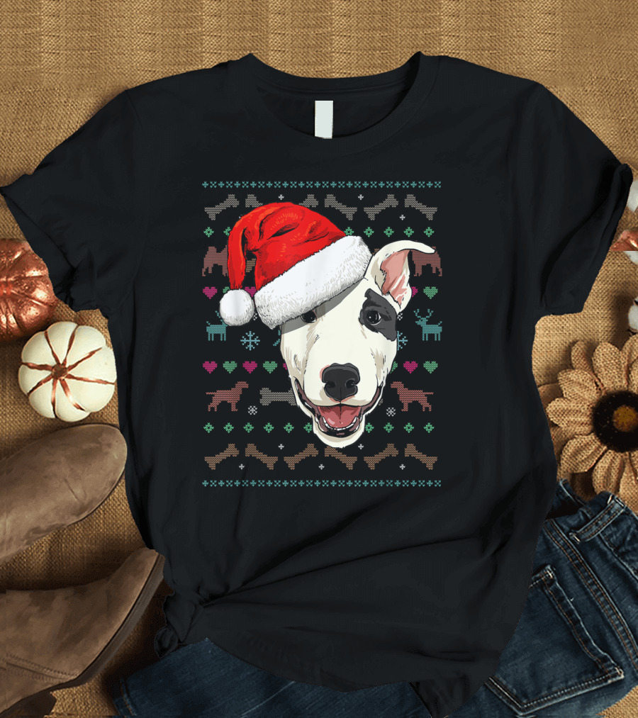 Bull Terrier Santa Hat Ugly Christmas T-Shirt
