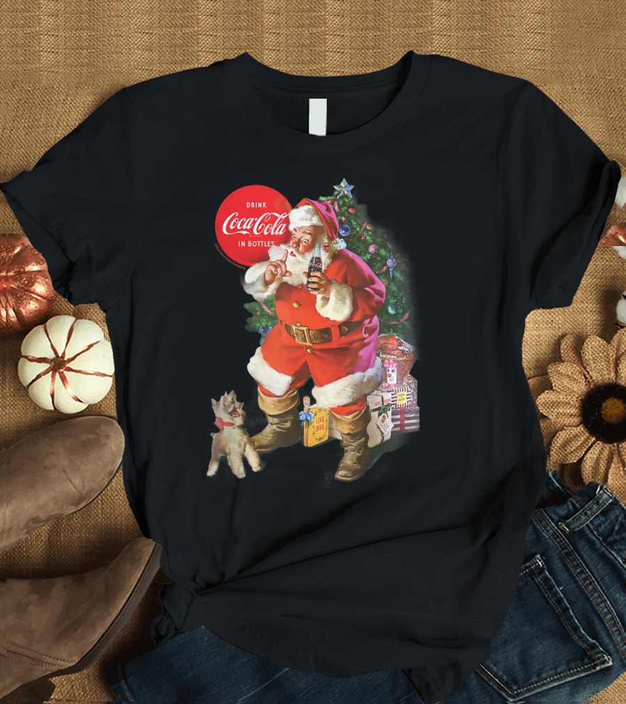 Drink Coca-Cola in Bottles Christmas Santa Claus with Puppy and Tree T-Shirt