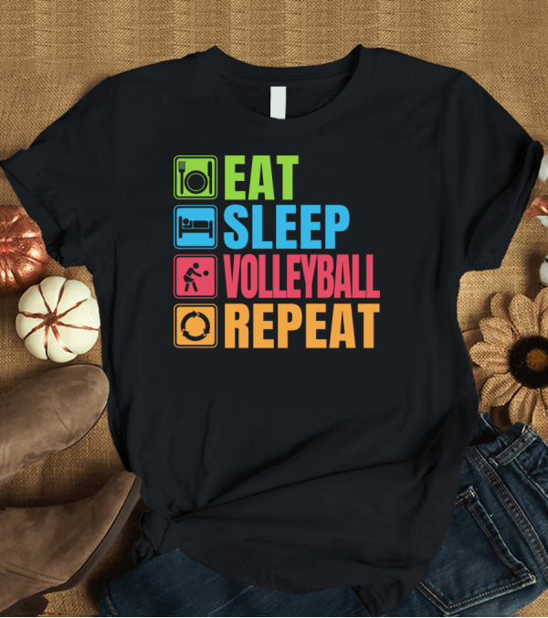 T-Shirt: Eat Sleep Volleyball Repeat Volleyball Icons T-Shirt Eat Sleep Volleyball Repeat Volleyball Icons T-Shirt