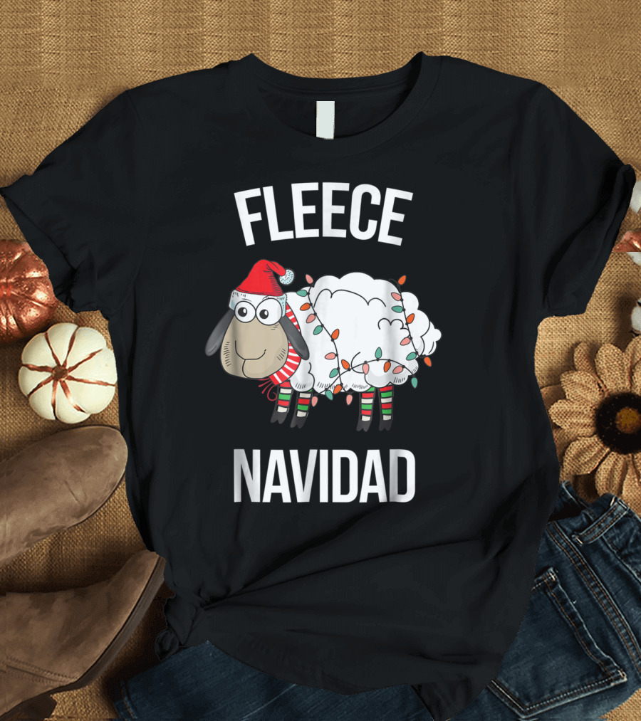 Fleece Navidad Funny Christmas Sheep Lamb Santa Hat Lights T-Shirt