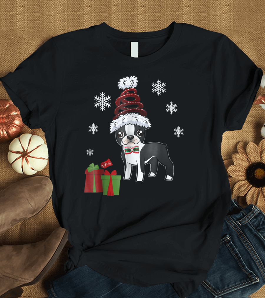 Funny Boston Terrier Christmas Joy Snowflakes and Gifts T-Shirt
