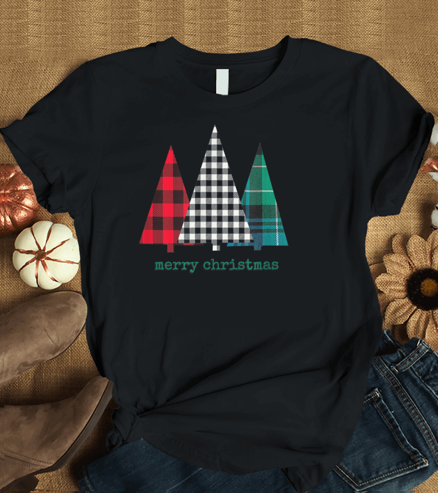 Merry Christmas Buffalo Plaid Trees Holiday Red Black Green T-Shirt