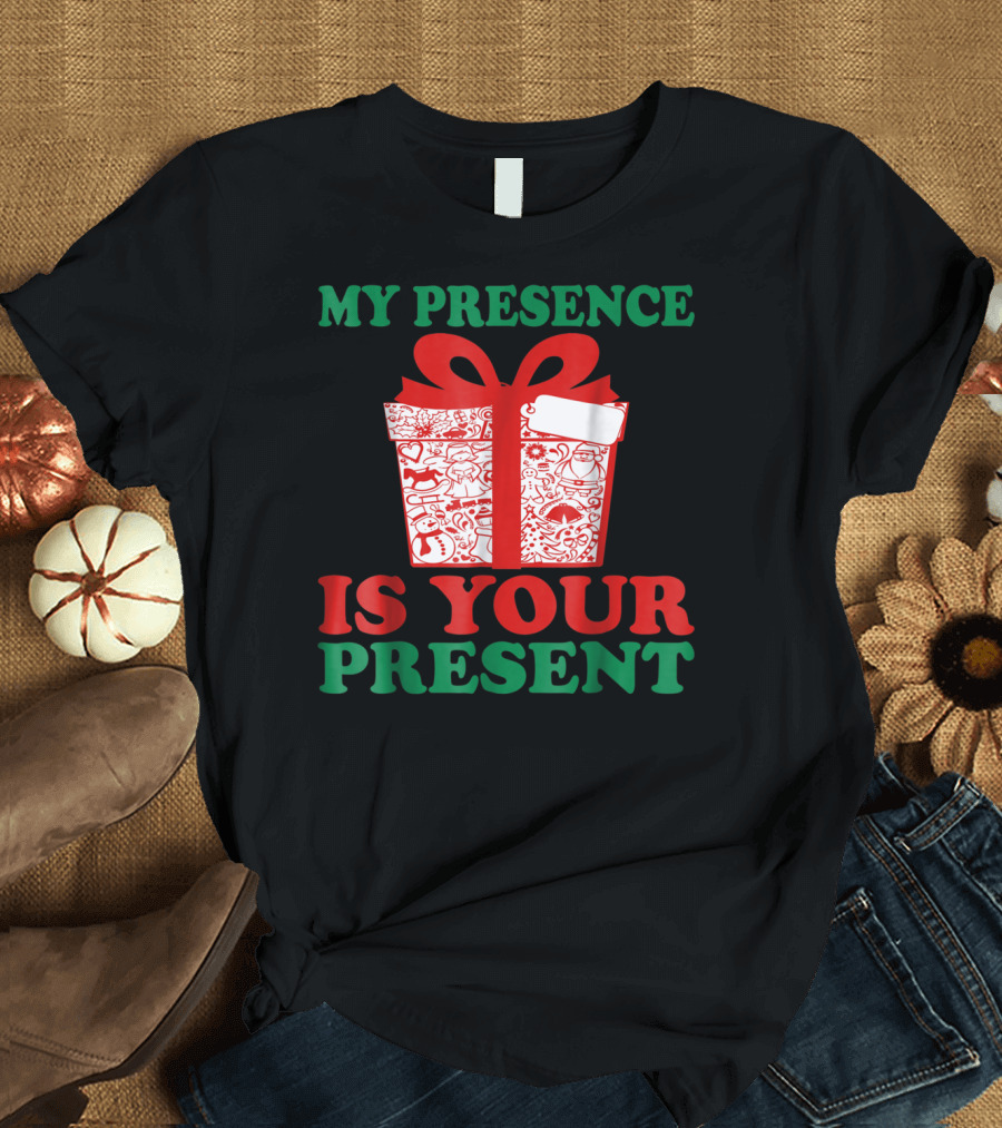 My Presence Is Your Present Christmas Santa with Gift Box and Festive Icons T-Shirt
