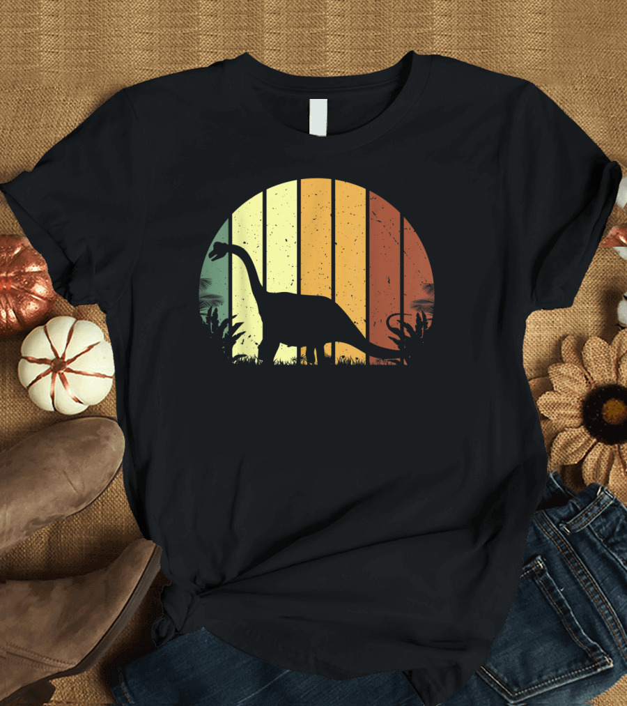 Retro Brontosaurus Dinosaur Vegetarian Silhouette in Vintage Sunset Colors T-Shirt