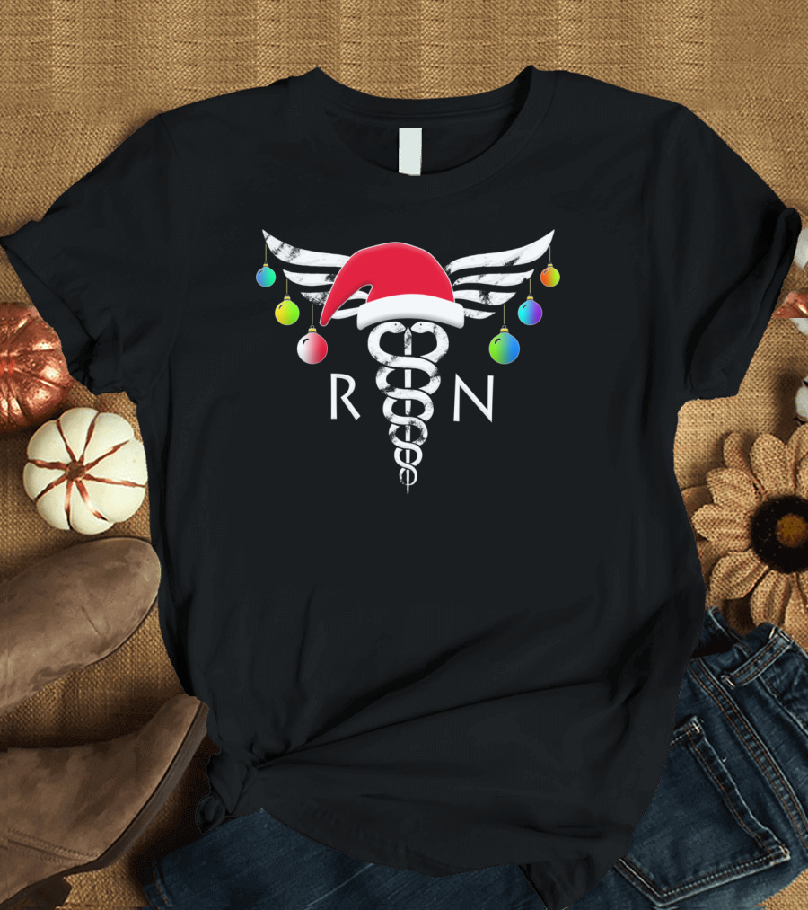 RN Christmas Caduceus with Santa Hat and Ornaments T-Shirt
