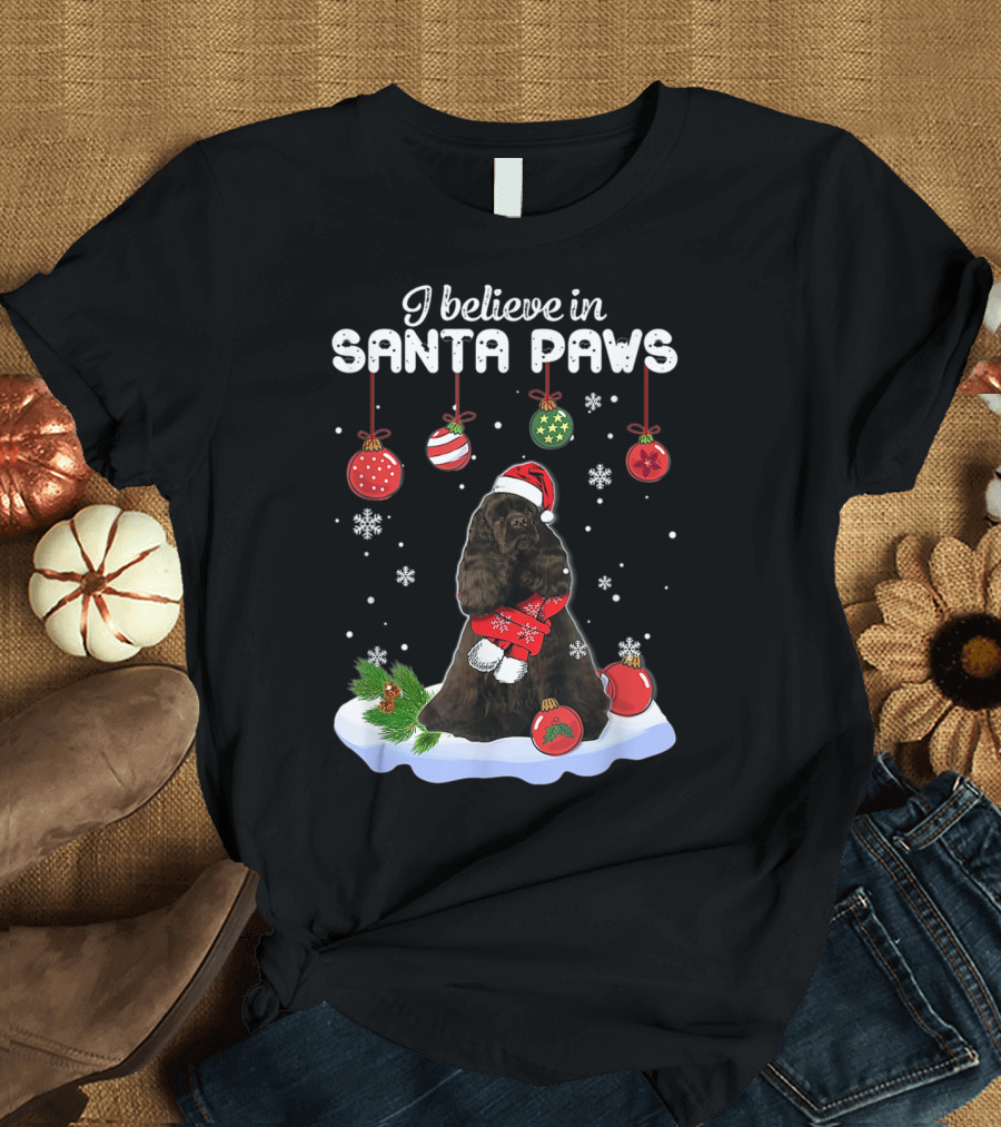 I Believe in Santa Paws Black American Cocker Spaniel Claus Dog T-Shirt