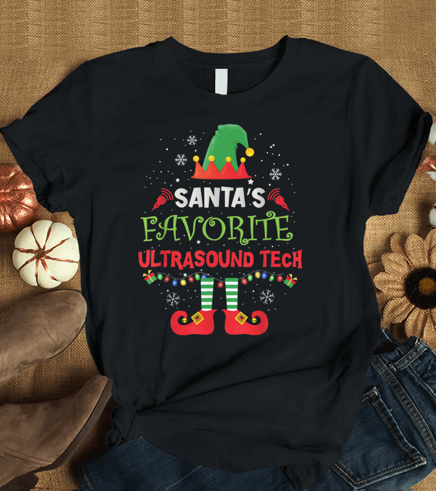 Santa's Favorite Ultrasound Tech Elf Christmas Lights and Snowflakes T-Shirt