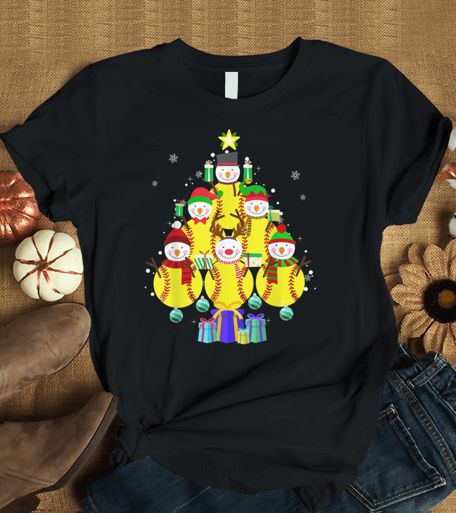 Softball Snowmen Christmas Tree Funny Sport Lovers Holiday T-Shirt