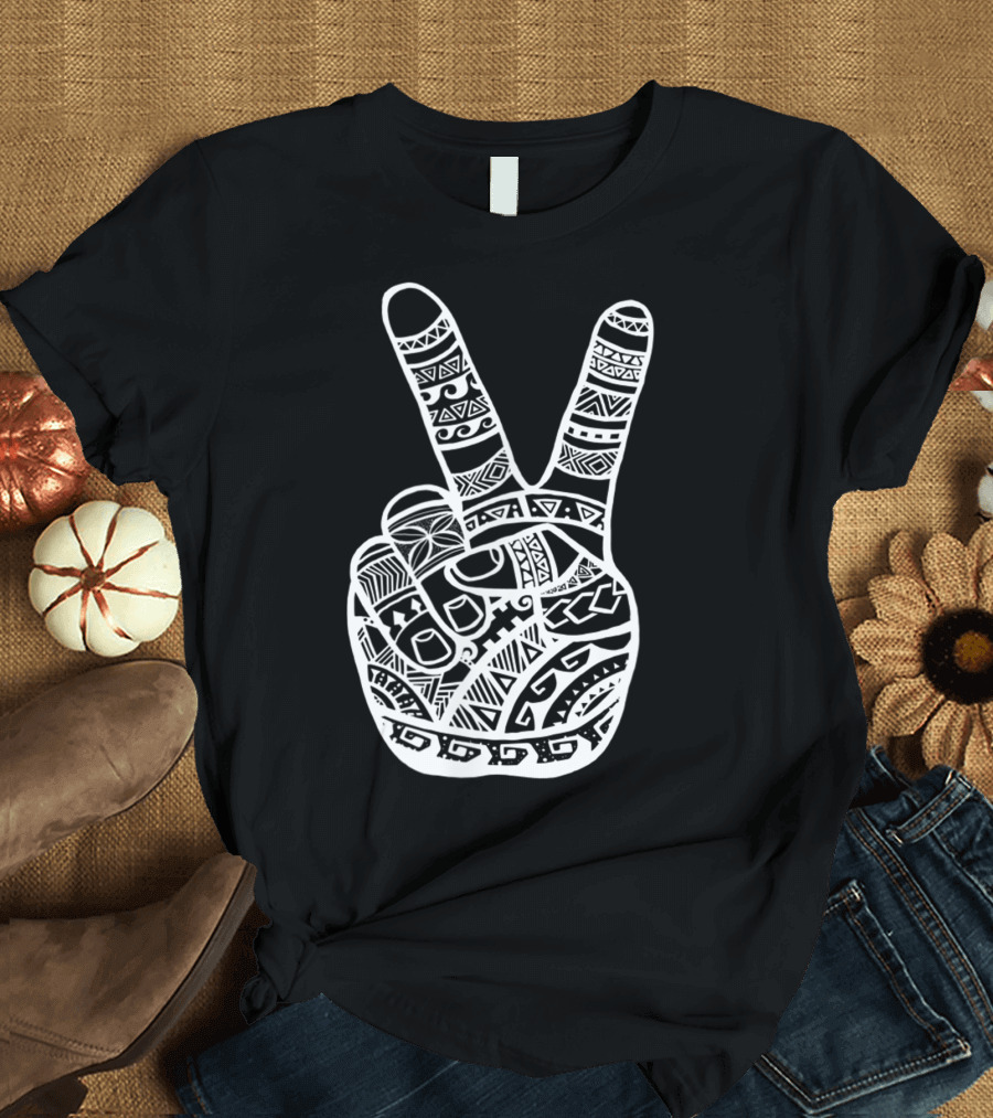 Boho Polynesian Tiki Tattoo Style Peace Sign Hand T-Shirt