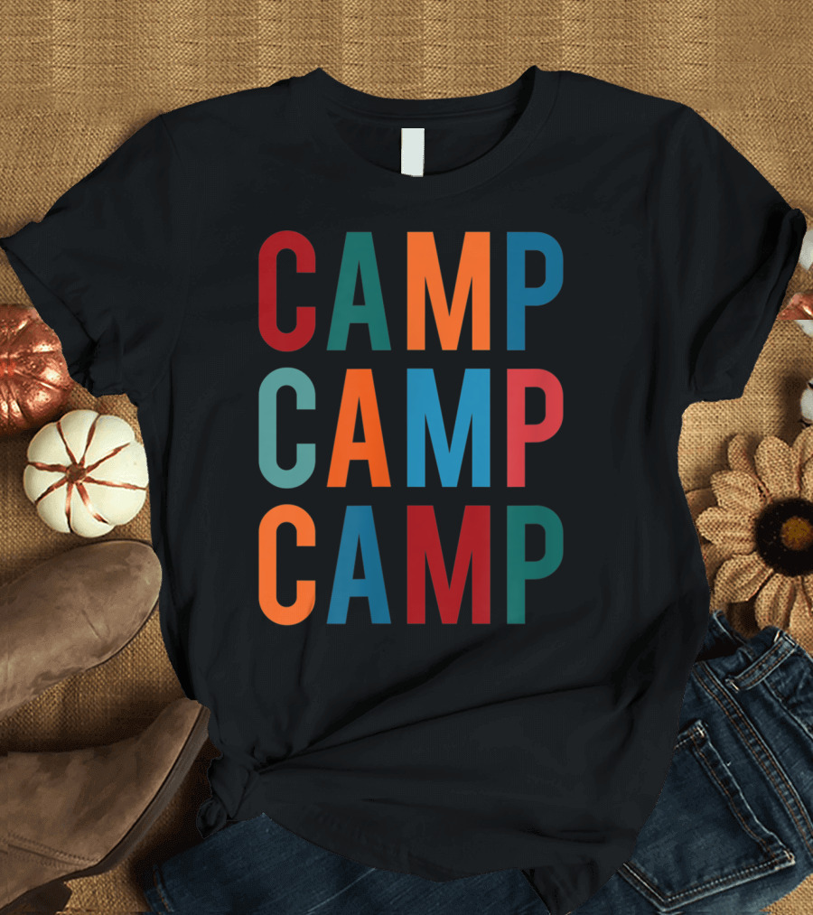 Camp Camp Camp Multicolor Stacked Text T-Shirt