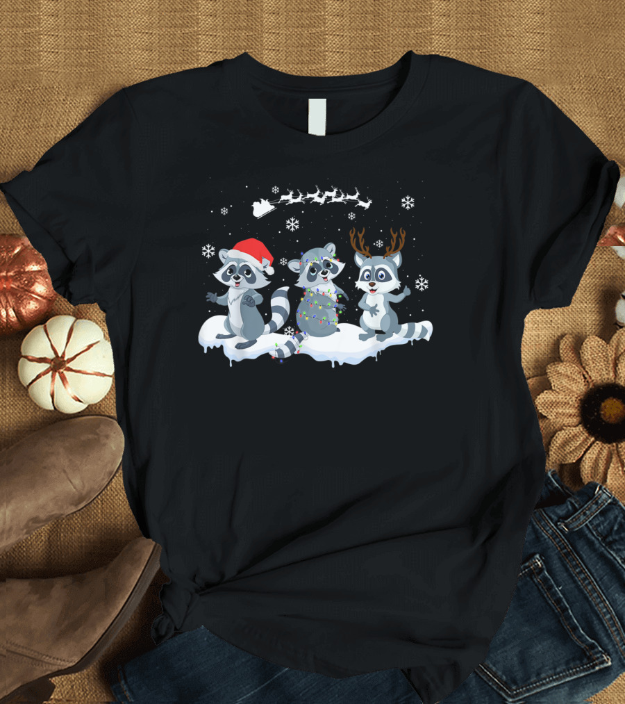 Christmas Raccoons Santa Hat Antlers Snowflakes Sleigh T-Shirt