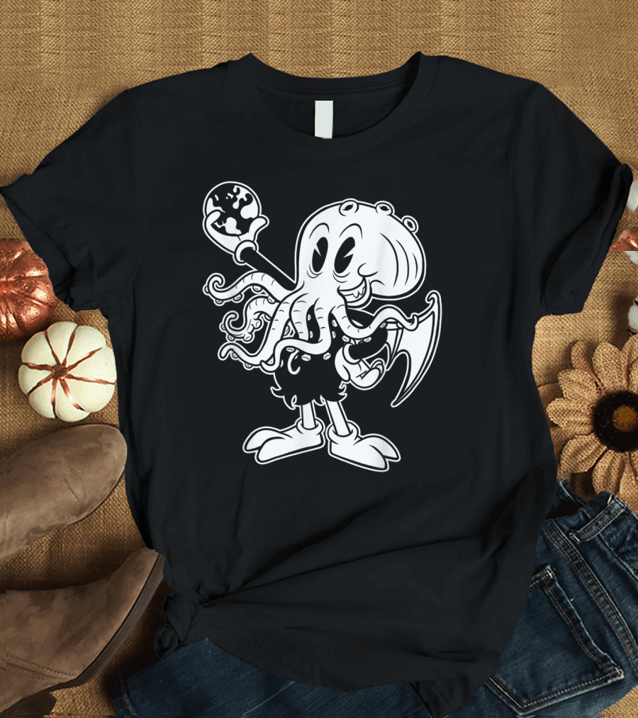 Blackcraft Cute Cthulhu Cartoon Style Old One Holding Globe T-Shirt