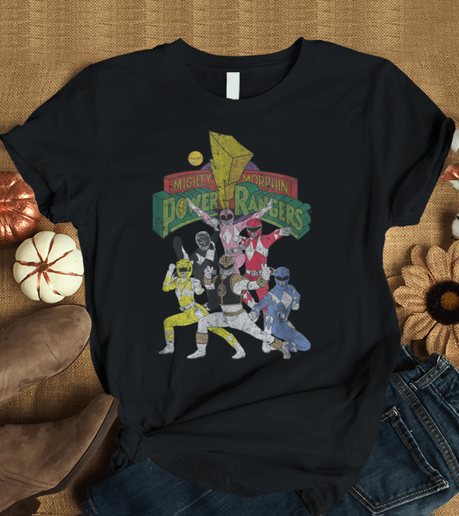 Mighty Morphin Power Rangers Classic Group Pose with Iconic Logo and Lightning Bolt T-Shirt