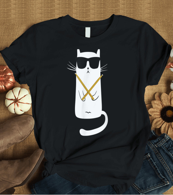 T-Shirt: Cool Cat in Sunglasses Holding Drumsticks T-Shirt Cool Cat in Sunglasses Holding Drumsticks T-Shirt