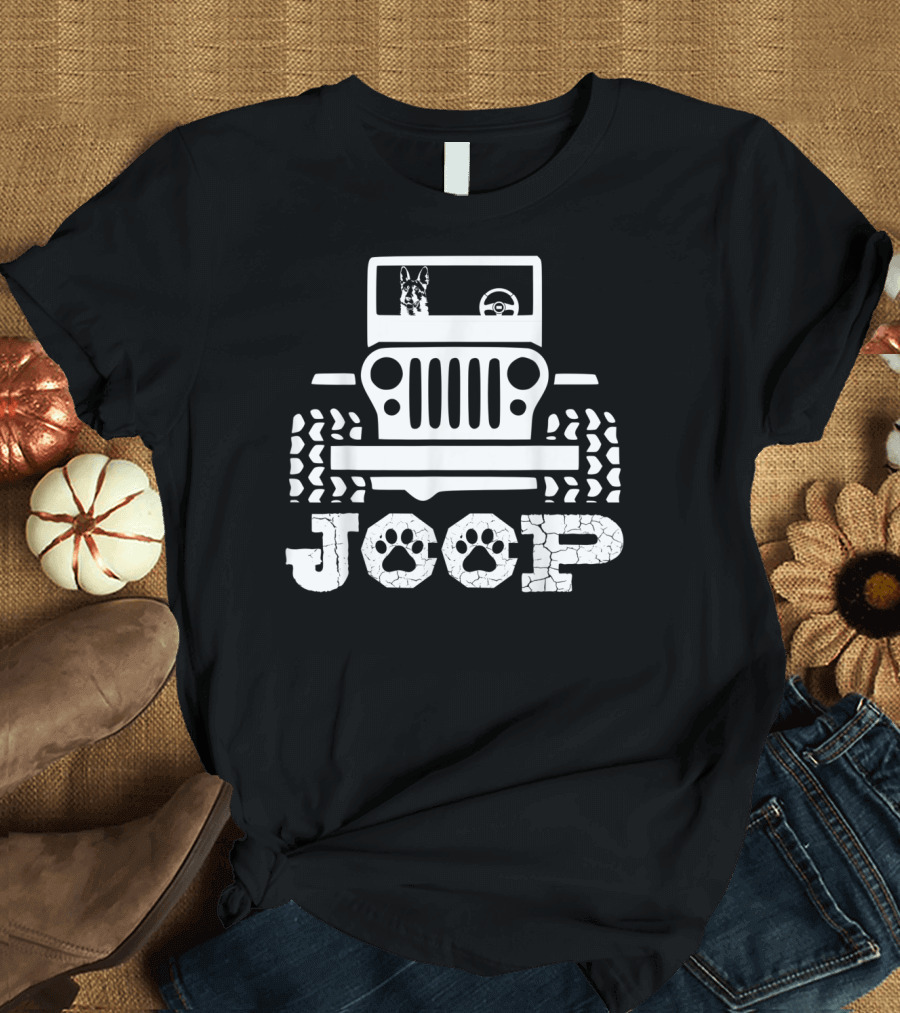 German Shepherd Driving JOOP Jeep with Paw Print Tires T-Shirt