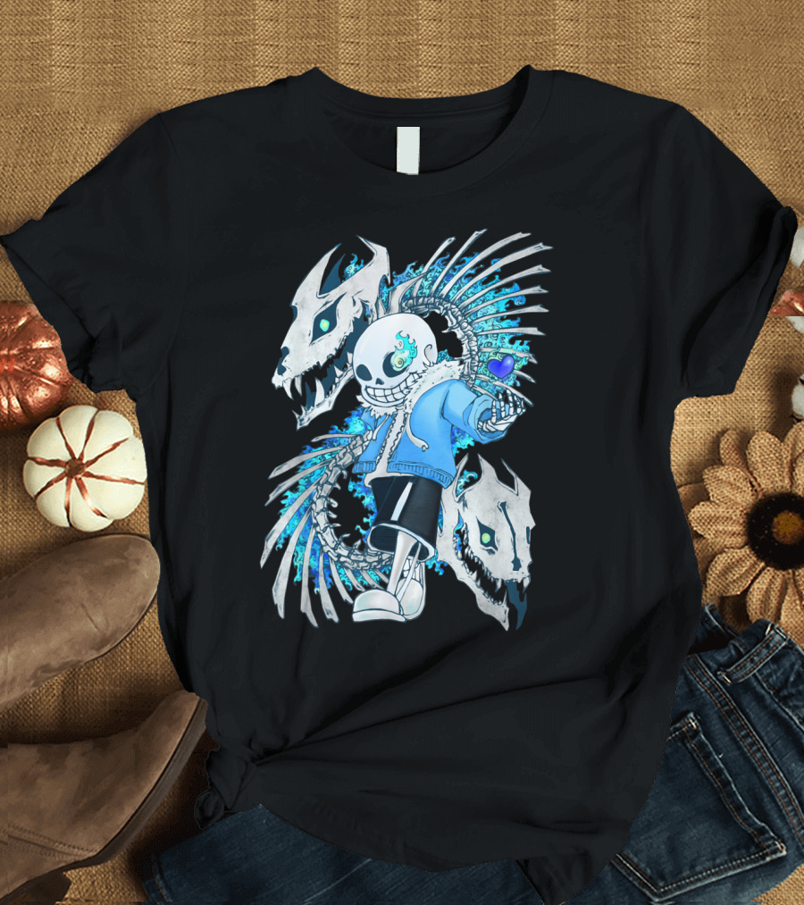 Sans Blue Magic Heart Undertale Character Skeleton Flame Skull T-Shirt