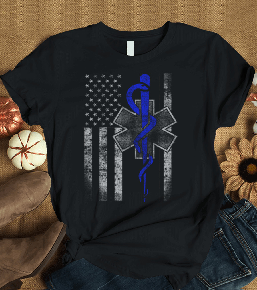 Twosided EMT First Responder Flag American Star of Life T-Shirt