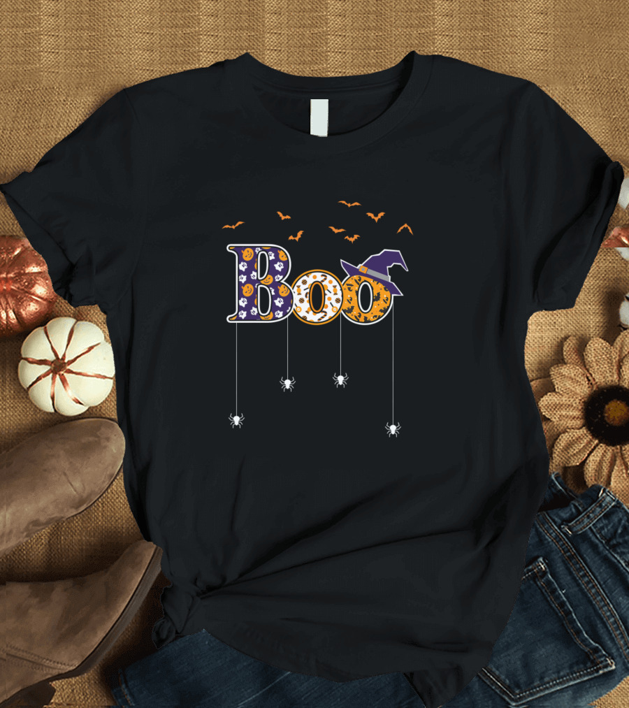 Boo Halloween Spiders Witch Hat Bats T-Shirt