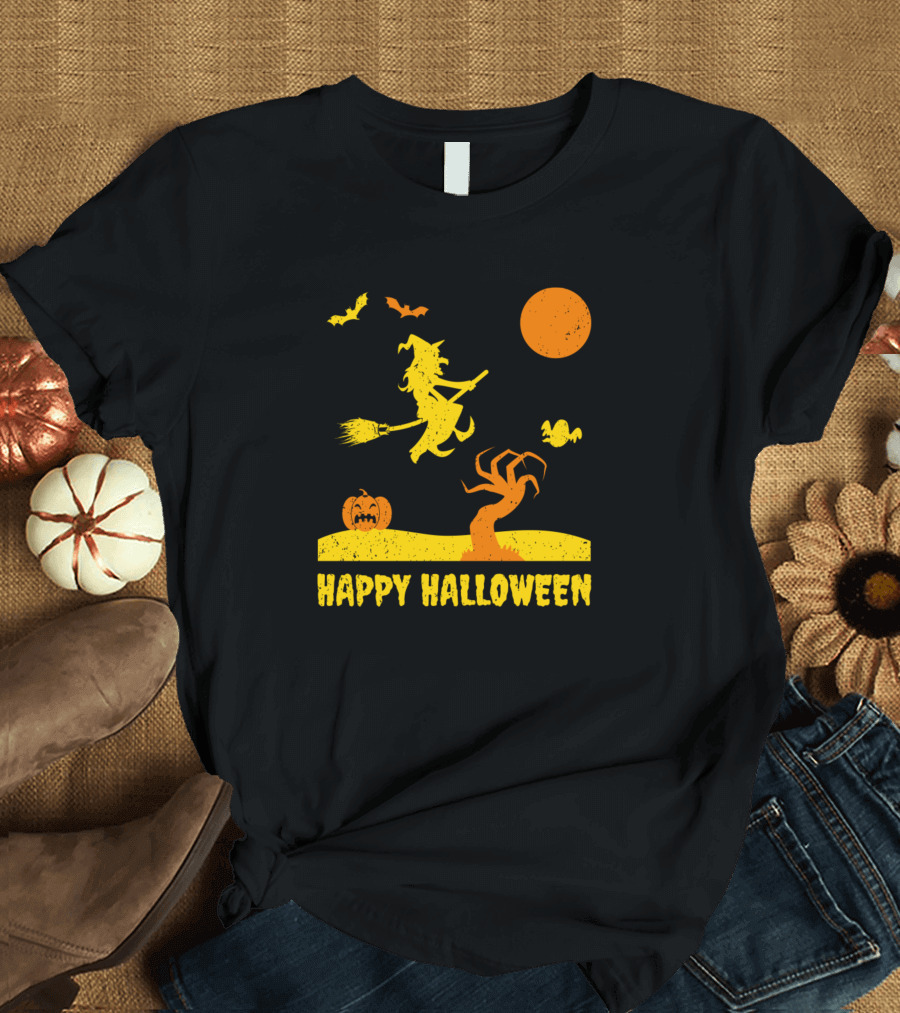 Happy Halloween Witch Silhouette Flying Broomstick Spooky Tree Bats Pumpkin Moon T-Shirt